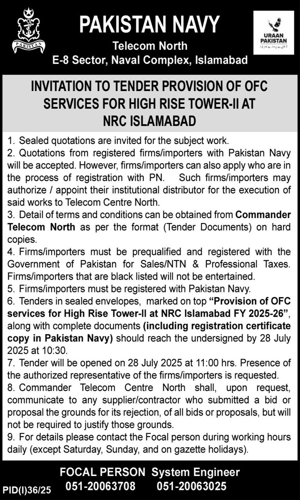 Pakistan Navy Islamabad Tender Notice